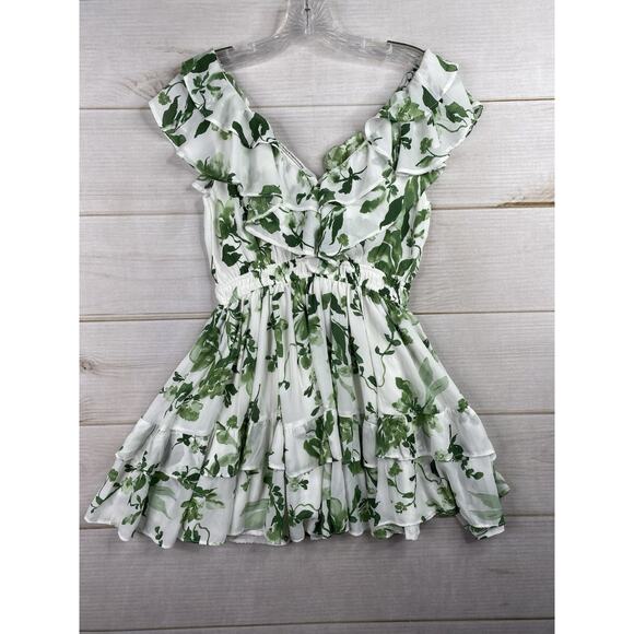 Abercombie & Fitch Dress Sz Small Petite Green Floral Ruffled V Neck - Picture 11 of 11